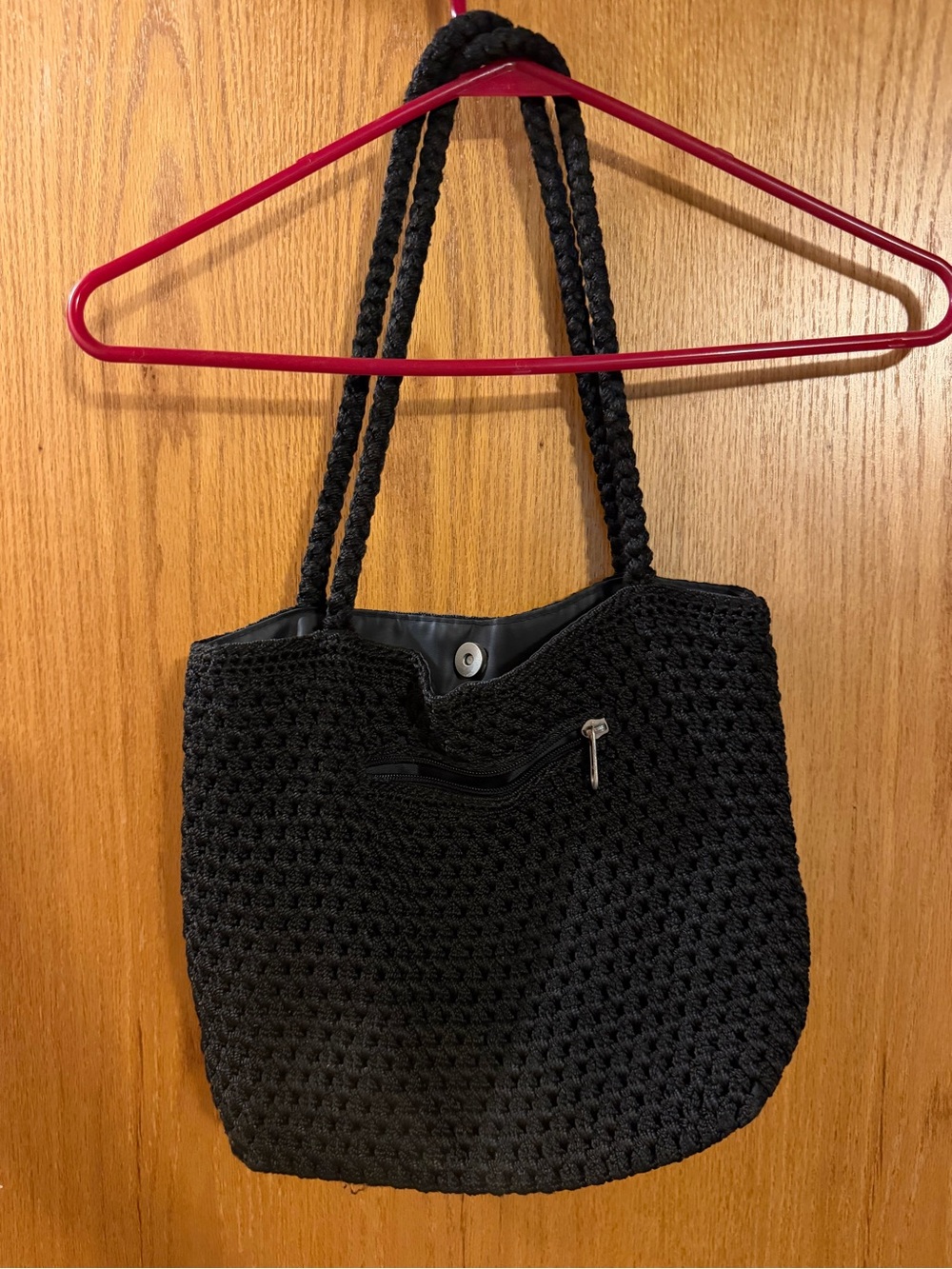 Lina Black Crochet Shoulder Tote with Braided Straps